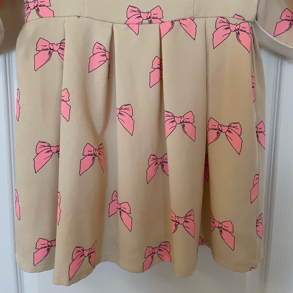 Power Sweet Bow Print Collar Pink Tan Bow Dress - Picture 12 of 15